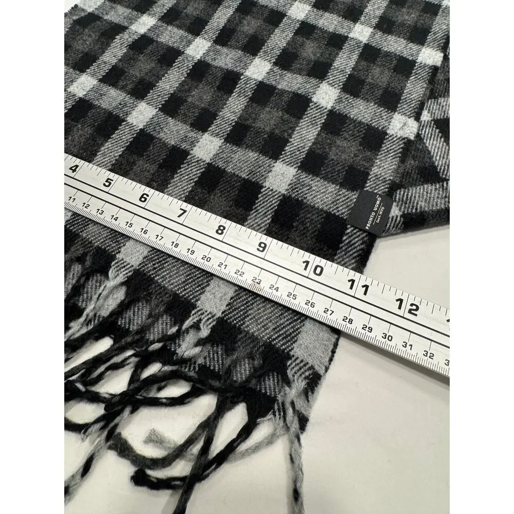Pronto Uomo‎ Men's Fringe Scarf OS Black Gray White Plaid Acrylic Rectangle